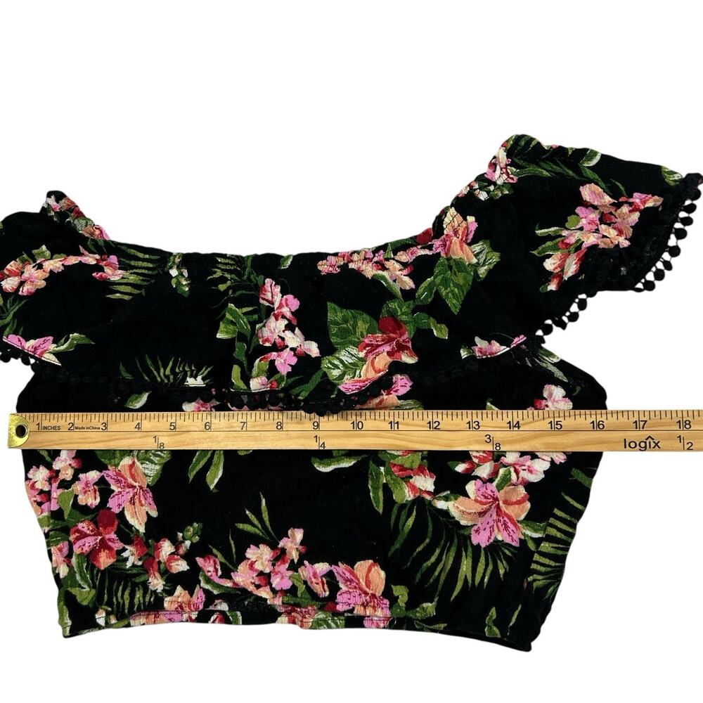Ambiance Womens Crop Top Black Tropical Floral Off Shoulder Ruffle Pom Trim Sz M - Picture 5 of 7